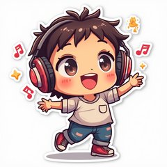 Kawaii Chad character dancing with headphones and music notes
