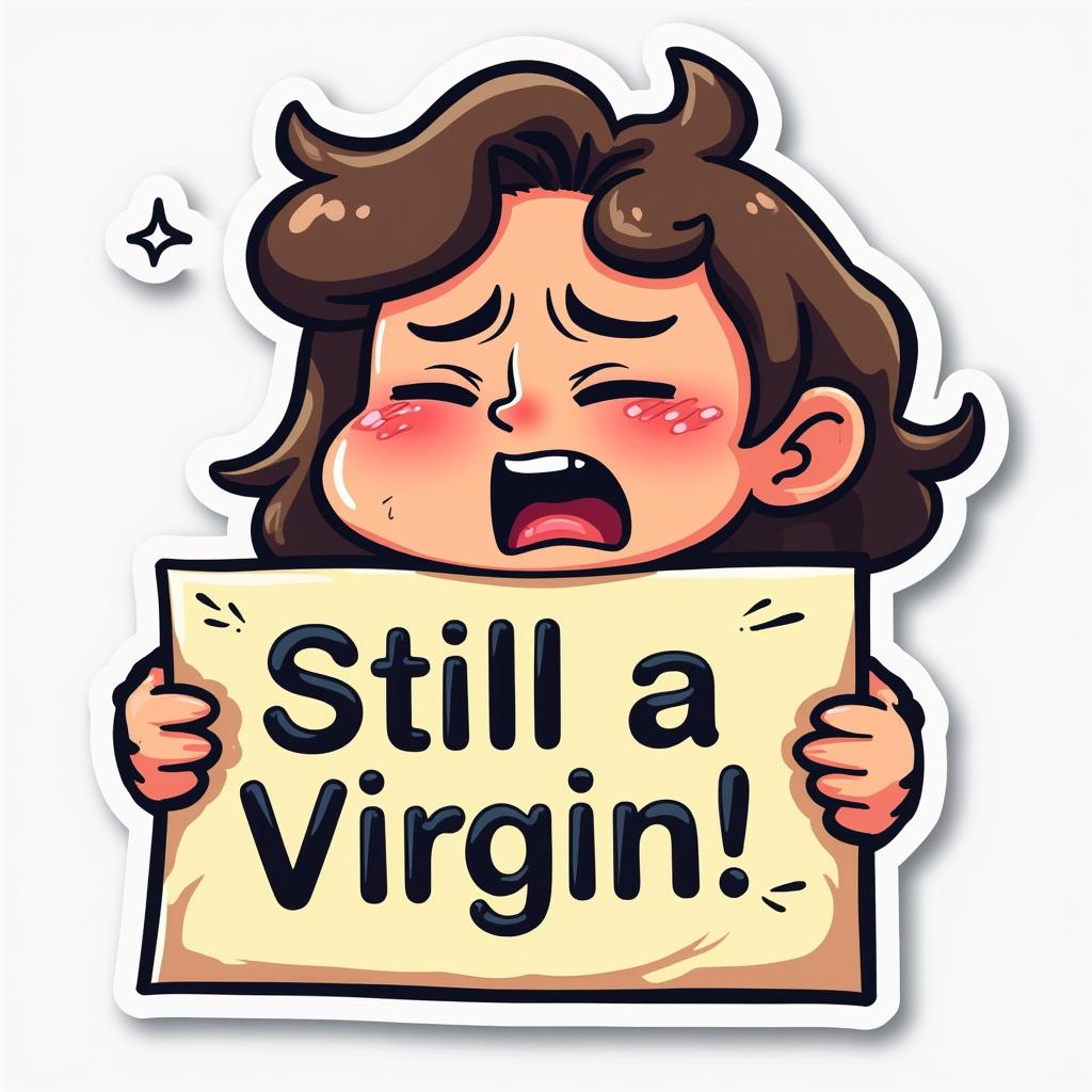 Cartoon character blushing and holding a sign about being a virgin