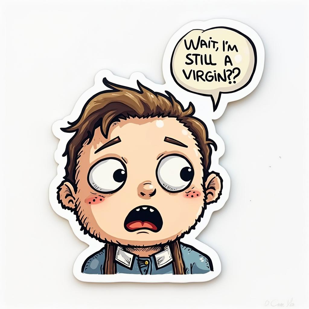 Doodle character surprised with a speech bubble about being a virgin