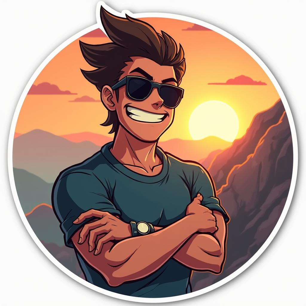 Meme sticker of a confident sigma male character with sunglasses on a mountain at sunset