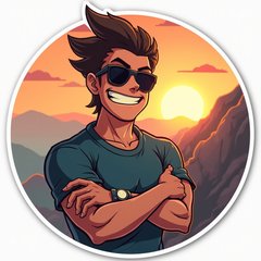 Meme sticker of a confident sigma male character with sunglasses on a mountain at sunset