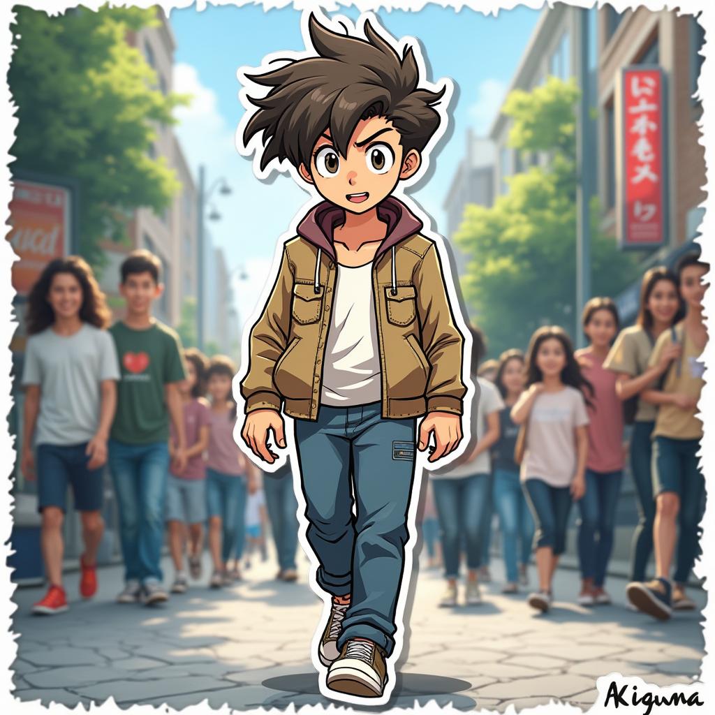 Cartoon sticker of a sigma male confidently walking through a busy street