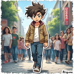 Cartoon sticker of a sigma male confidently walking through a busy street