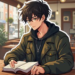 Pop culture sticker of a sigma male reading at a coffee shop