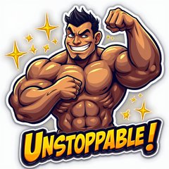 Gigachad flexing with a confident expression and sparkles around him