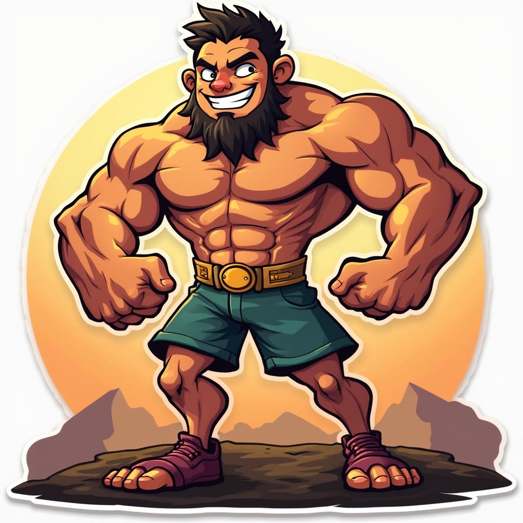 Cartoon Gigachad with big muscles standing on a mountain at sunset