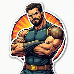 Comic book style Gigachad in an action pose with arms crossed