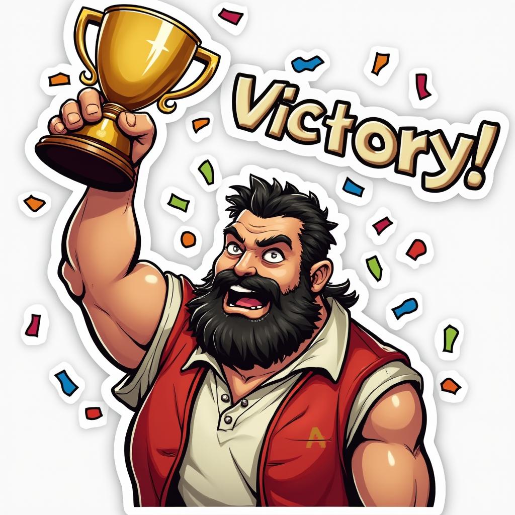 Gigachad holding a trophy with confetti and 'Victory!' caption