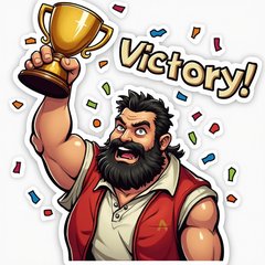 Gigachad holding a trophy with confetti and 'Victory!' caption