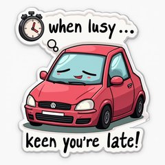 Meme-style cartoon car with exaggerated face and clock showing late time