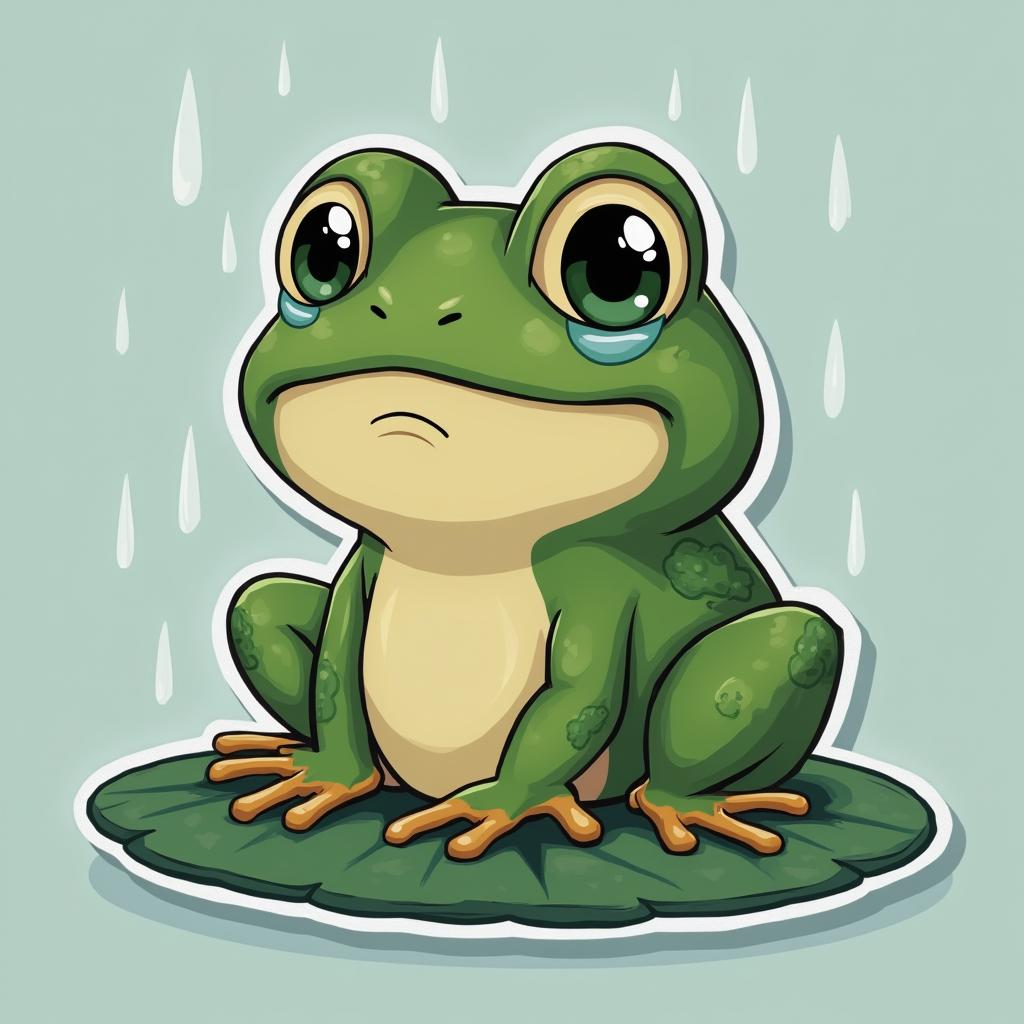 Meme-style sad frog with tears on a lily pad in the rain