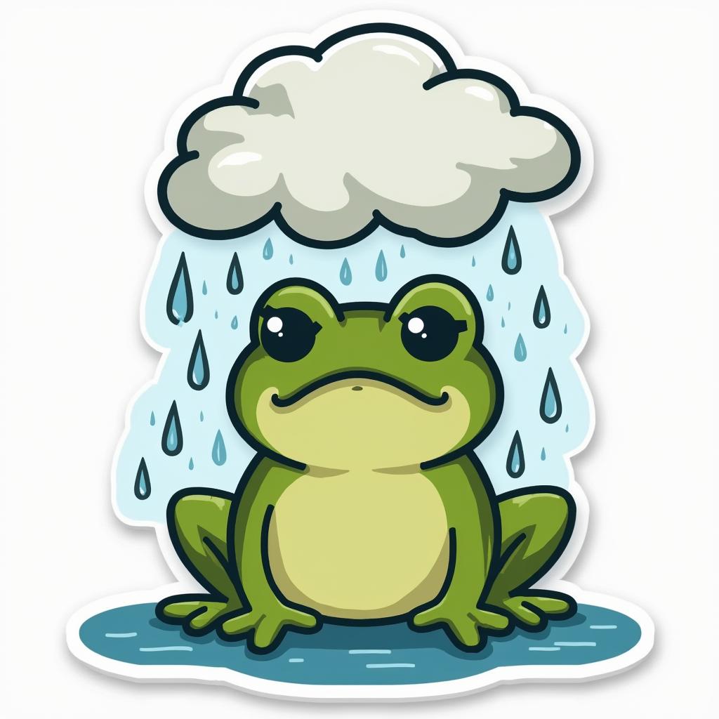 Cartoon frog looking sad with a rain cloud above