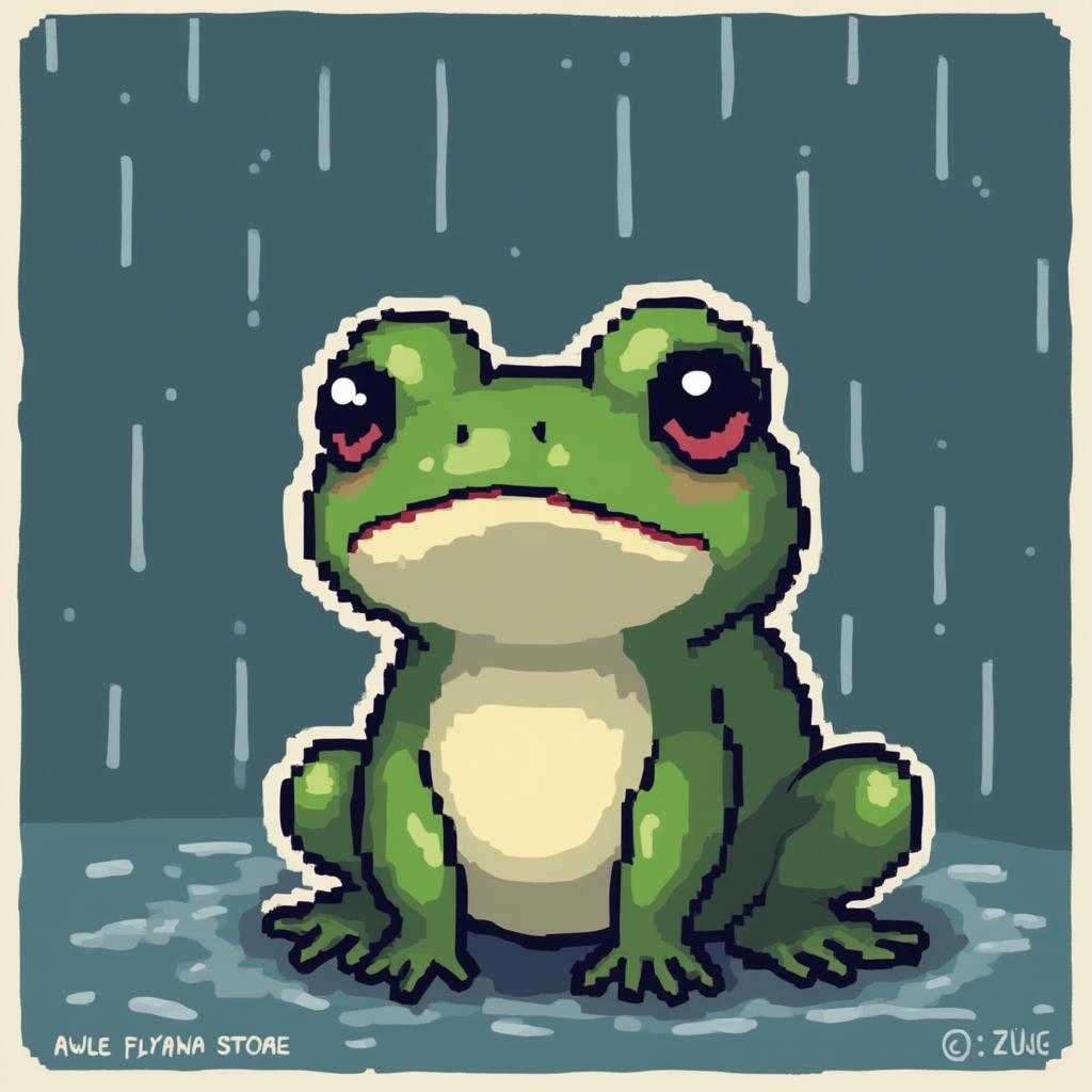 Pixel art sad frog in a rainstorm with droopy eyes