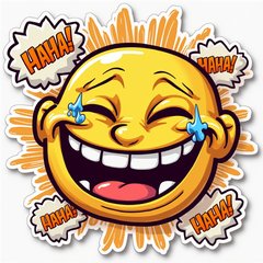 Cartoon trollface laughing with tears and comic 'Haha!' bubbles