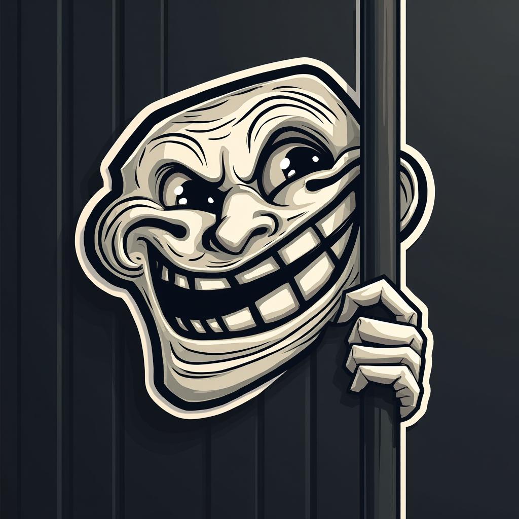 Meme-style trollface peeking around a corner with sly grin