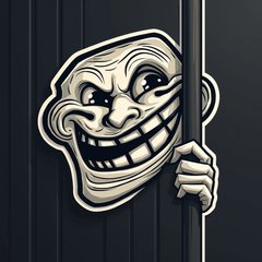 Meme-style trollface peeking around a corner with sly grin