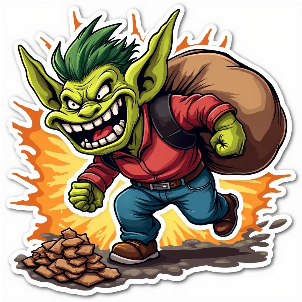 Comic book trollface sneaking away with bag of loot