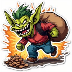 Comic book trollface sneaking away with bag of loot