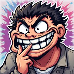 Anime-style trollface with sly expression and colorful background