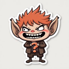 Chibi trollface with sneaky smile hiding behind question mark
