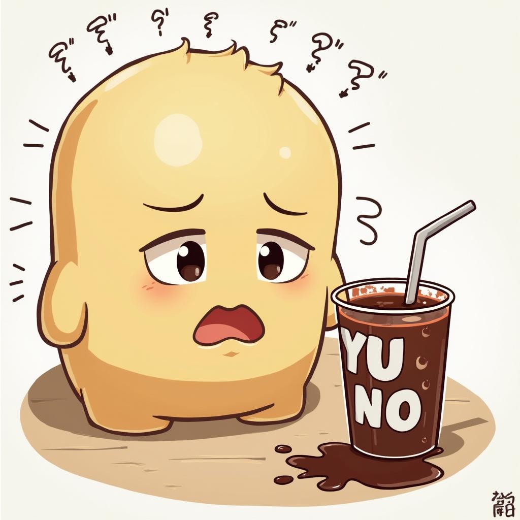 Cartoon 'Y U NO' character looking shocked over spilled drink