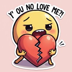 Meme sticker of 'Y U NO' face holding broken heart with text
