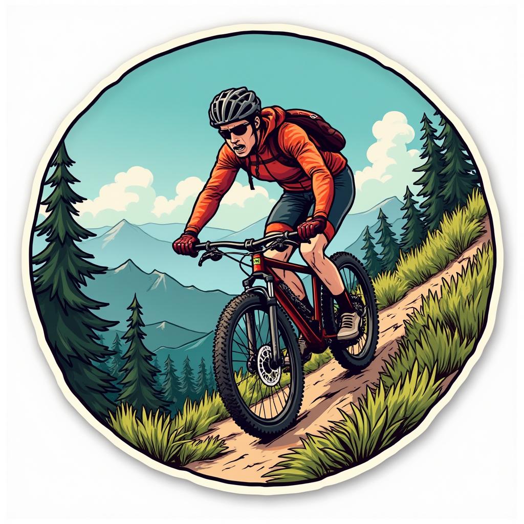 Comic book cyclist on a mountain trail with action lines and dramatic expression