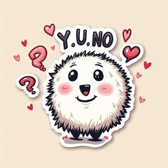Doodle-style 'Y U NO' face with hearts and question marks around