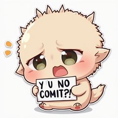 Chibi 'Y U NO' character looking upset with commitment sign