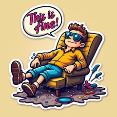 Pop culture character lounging in chaos with sunglasses saying 'This is fine'