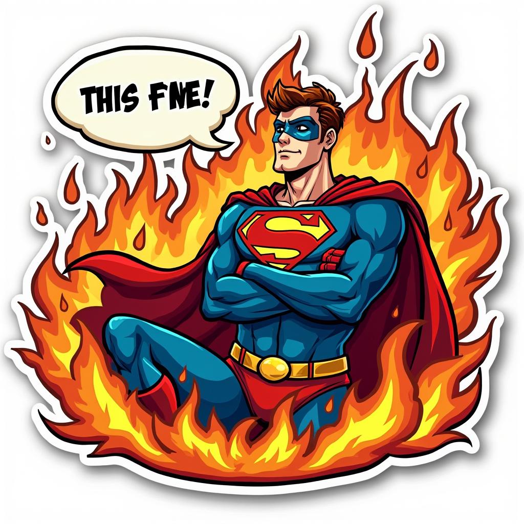 Comic book superhero in flames saying 'This is fine'