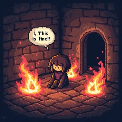 Pixel art character sitting in a fire-filled room saying 'This is fine'
