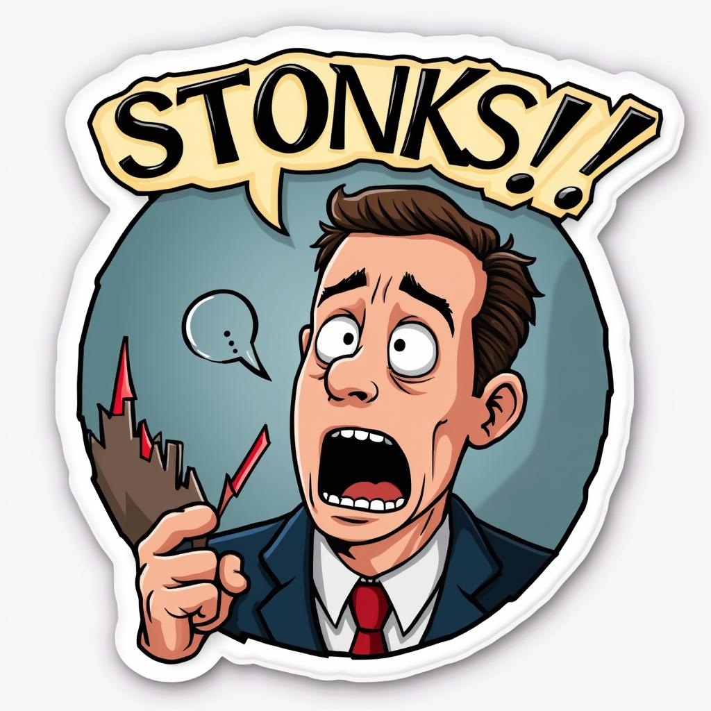 Shocked businessman looking at a crashing stock graph with 'STONKS?!' caption