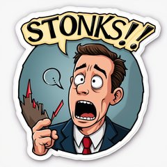 Shocked businessman looking at a crashing stock graph with 'STONKS?!' caption