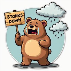 Cartoon bear crying with a sign 'STONKS DOWN' under rain clouds