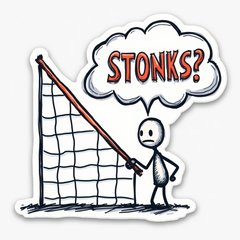 Doodle of a confused stick figure looking at a downward graph saying 'STONKS?'