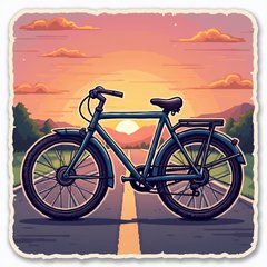 Pixel art bicycle on a retro road with a sunset and 8-bit clouds