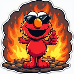 Cartoon Elmo in front of fire wearing sunglasses and giving a thumbs up