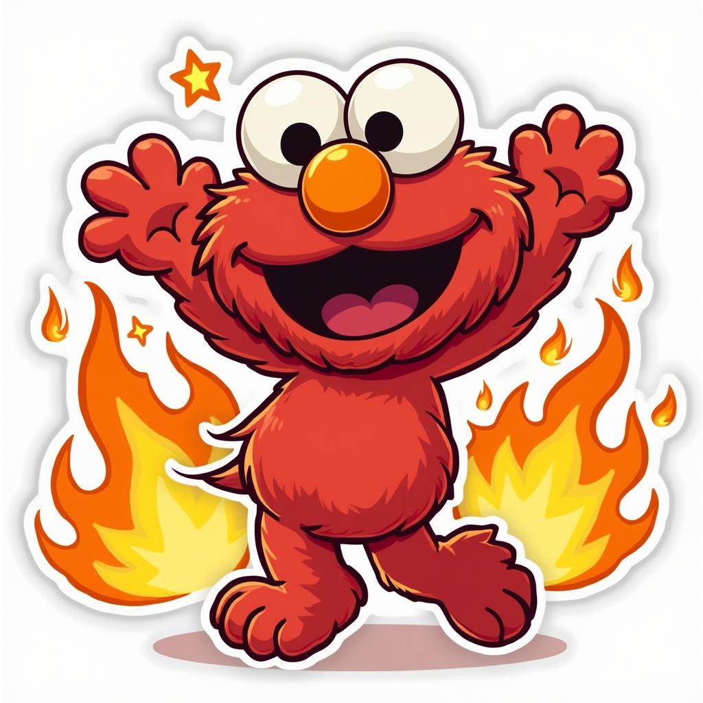 Chibi Elmo happily dancing in front of cartoon flames