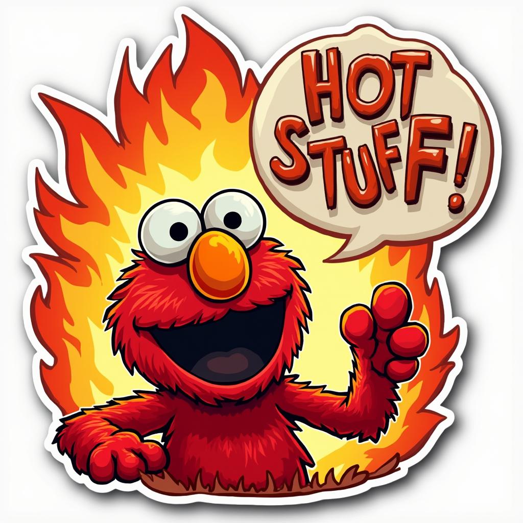 Pop culture Elmo with surprised face looking at a big fire, with text 'Hot Stuff!'