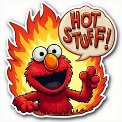 Pop culture Elmo with surprised face looking at a big fire, with text 'Hot Stuff!'