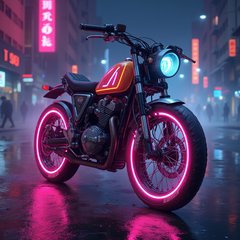 Pop culture bicycle with neon lights in a futuristic cyberpunk city