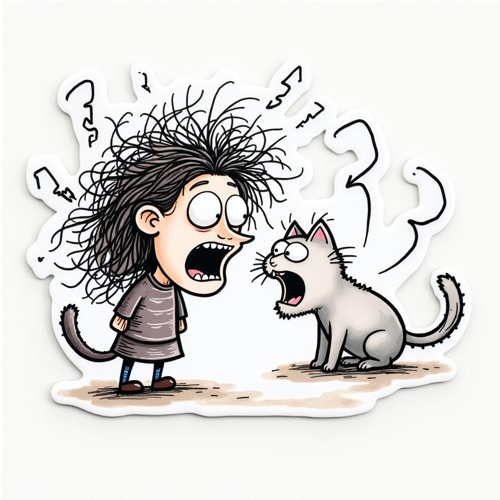 Doodle sticker of a woman yelling at a cute cat with chaotic lines