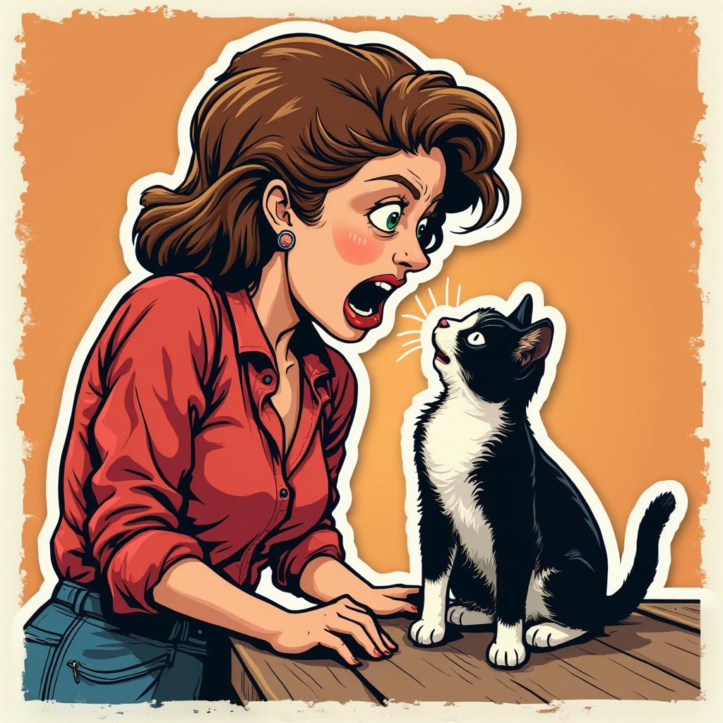 Pop culture sticker of a woman in a dramatic yell at a cat