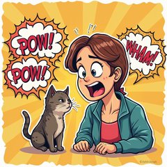 Comic book sticker of a woman yelling at a cat with dramatic text effects