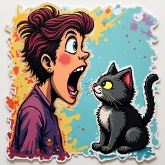 Graffiti sticker of a woman yelling at a cat in bright colors