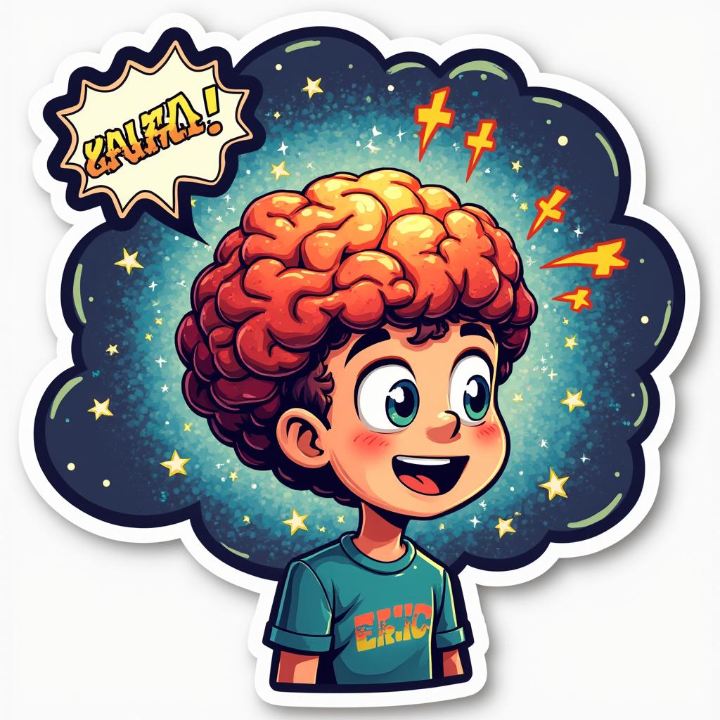 Pop culture sticker of a character with galaxy brain and 'Eureka!' exclamation