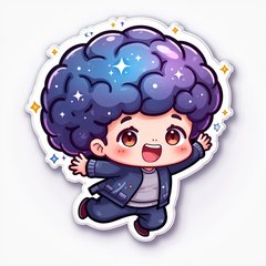 Chibi character with galaxy brain jumping with excitement and stars