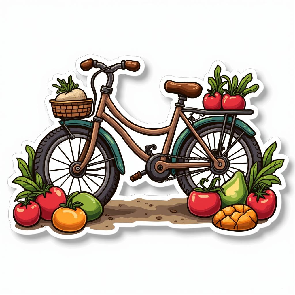 Doodle-style bicycle surrounded by fruits and vegetables promoting a healthy lifestyle
