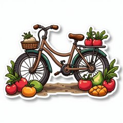 Doodle-style bicycle surrounded by fruits and vegetables promoting a healthy lifestyle